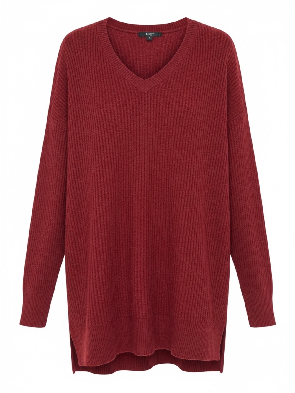 Lizzy V-Neck Ribbed Tunic Sweater in Wine Red